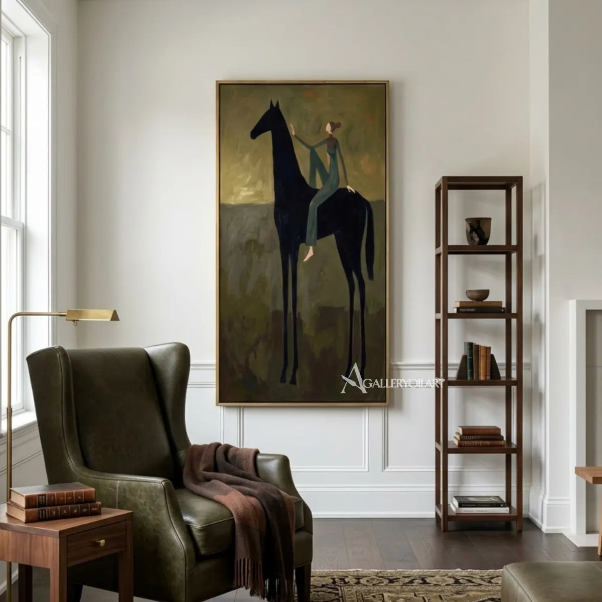 Western-cowboy-art-of-a-teal-clad-rider-on-a-black-horse-against-an-olive-ground-in-a-reading-room