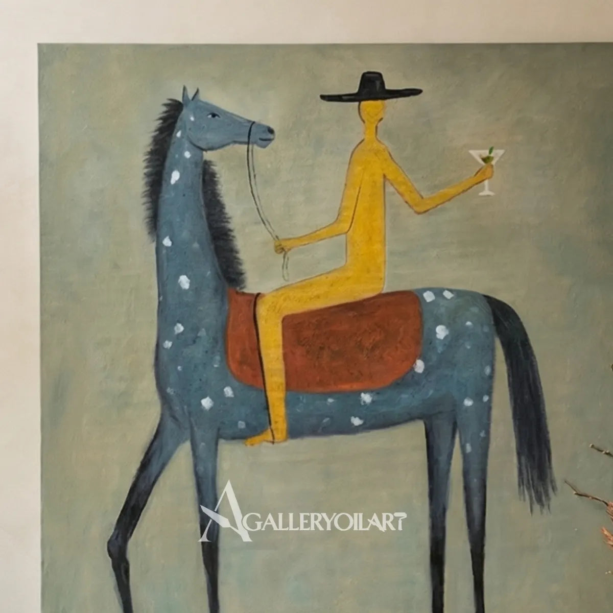 Close-view-of-Western-cowboy-art-showing-a-yellow-rider-on-a-blue-horse-against-a-sage-green-ground