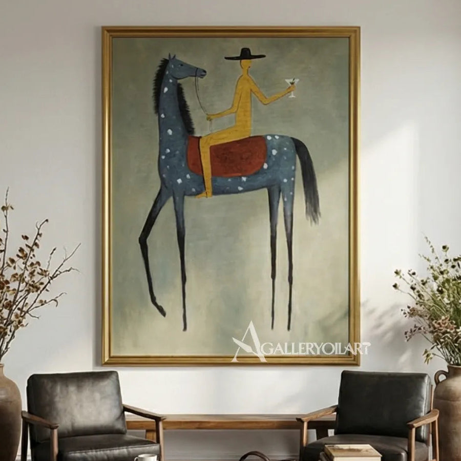 Western-cowboy-art-of-a-yellow-clad-rider-on-a-blue-horse-against-a-sage-green-ground-in-a-sitting-room