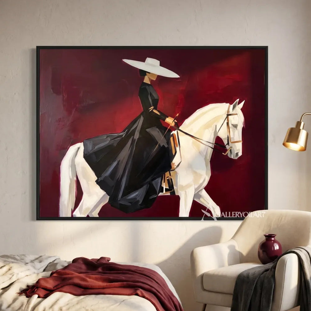 rider-in-a-dark-outfit-on-a-white-horse-in-red-portrait-art-displayed-in-a-bedroom