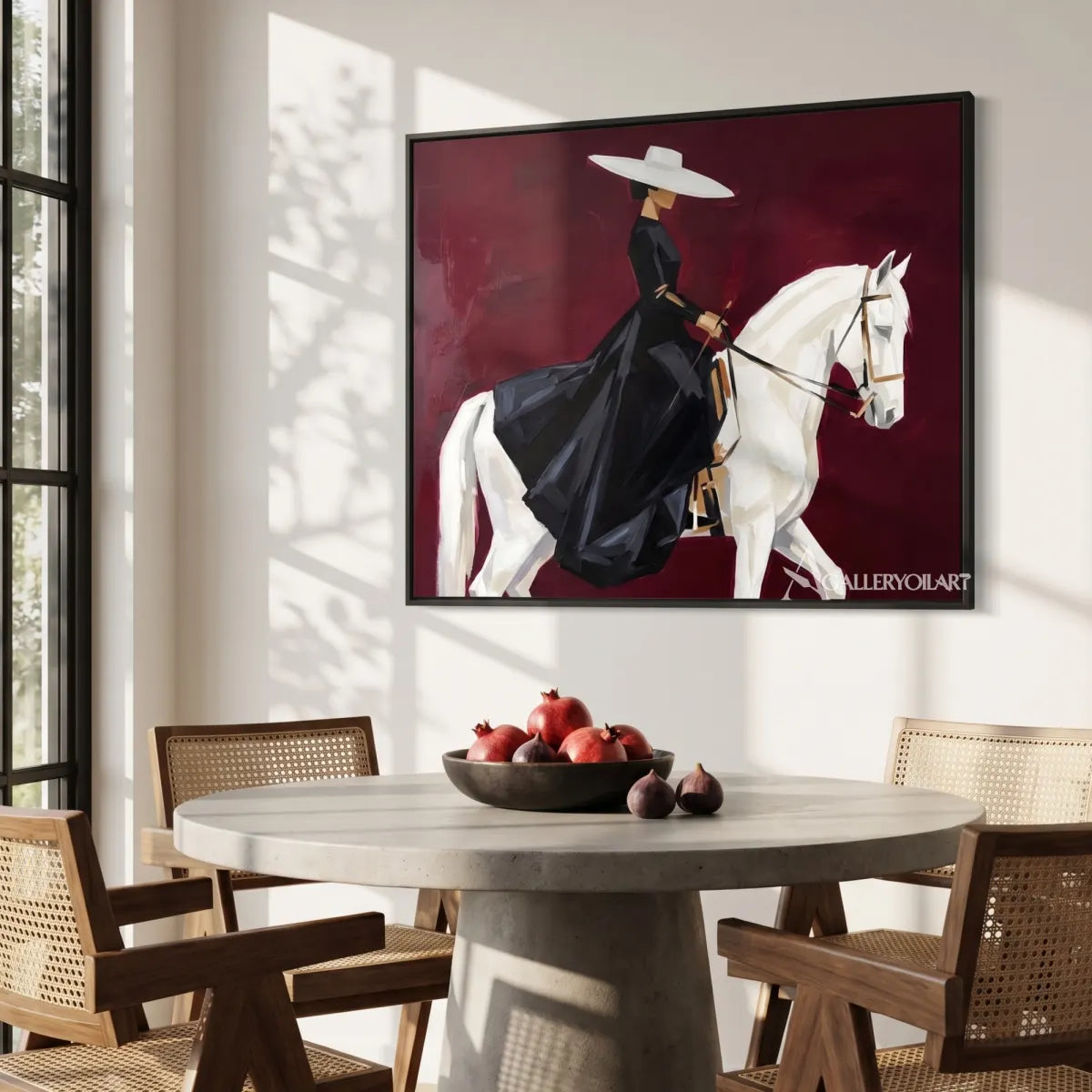 rider-in-a-dark-outfit-on-a-white-horse-in-red-portrait-art-displayed-in-a-dining-room