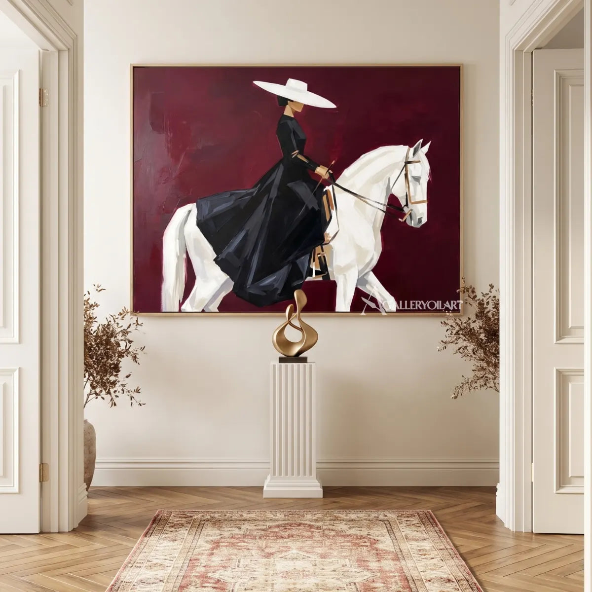 rider-in-a-dark-outfit-on-a-white-horse-in-red-portrait-art-displayed-in-a-gallery-hallway