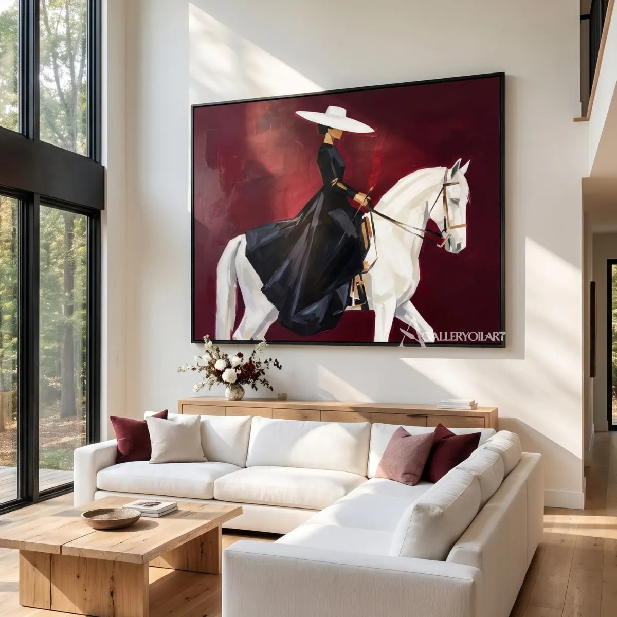 rider-in-a-dark-outfit-on-a-white-horse-in-red-portrait-art-displayed-in-a-living-room