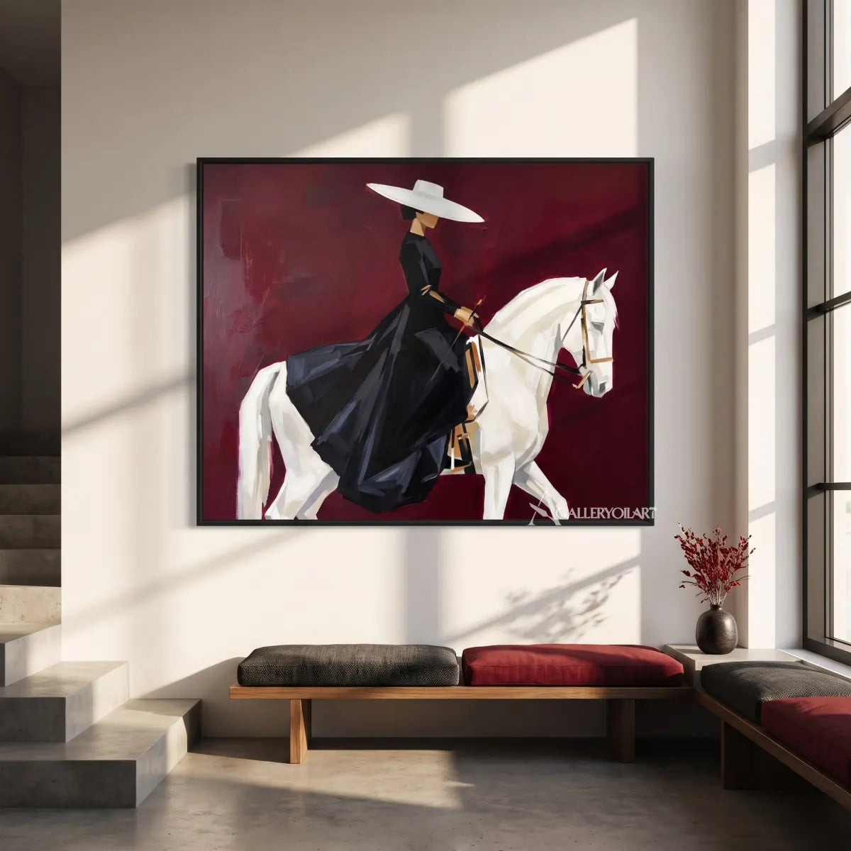 rider-in-a-dark-outfit-on-a-white-horse-in-red-portrait-art-displayed-in-a-sunlit-lounge