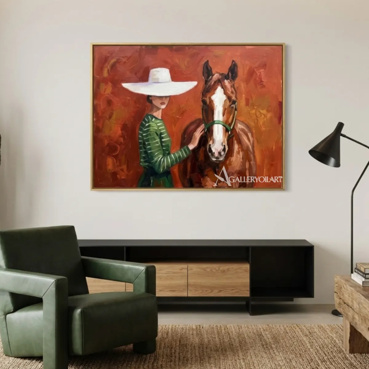 rider-in-a-pale-hat-on-a-chestnut-horse-in-green-portrait-art-displayed-in-a-architectural-interior