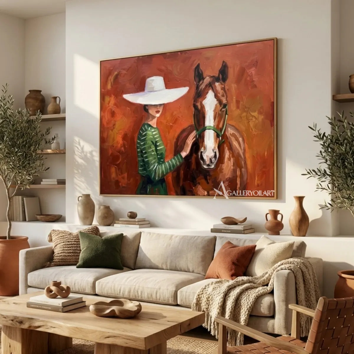 rider-in-a-pale-hat-on-a-chestnut-horse-in-green-portrait-art-displayed-in-a-gathering-room