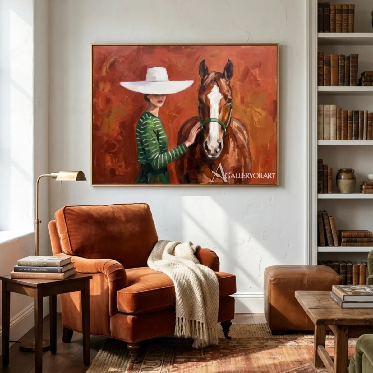 rider-in-a-pale-hat-on-a-chestnut-horse-in-green-portrait-art-displayed-in-a-private-lounge