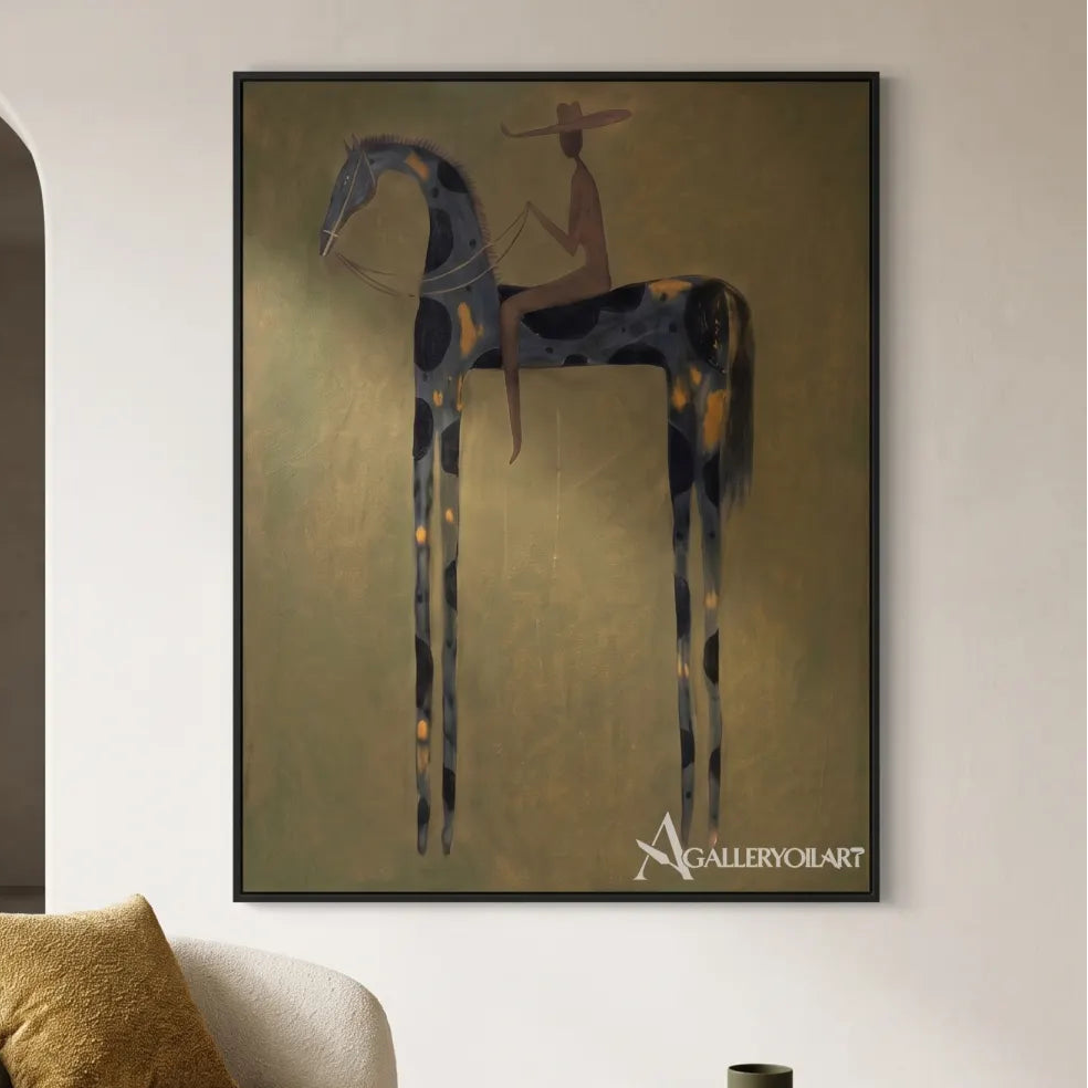 rider on horse in a sunlit field-western-cowboy-art-brown-wall-art-in-minimalist-living-room