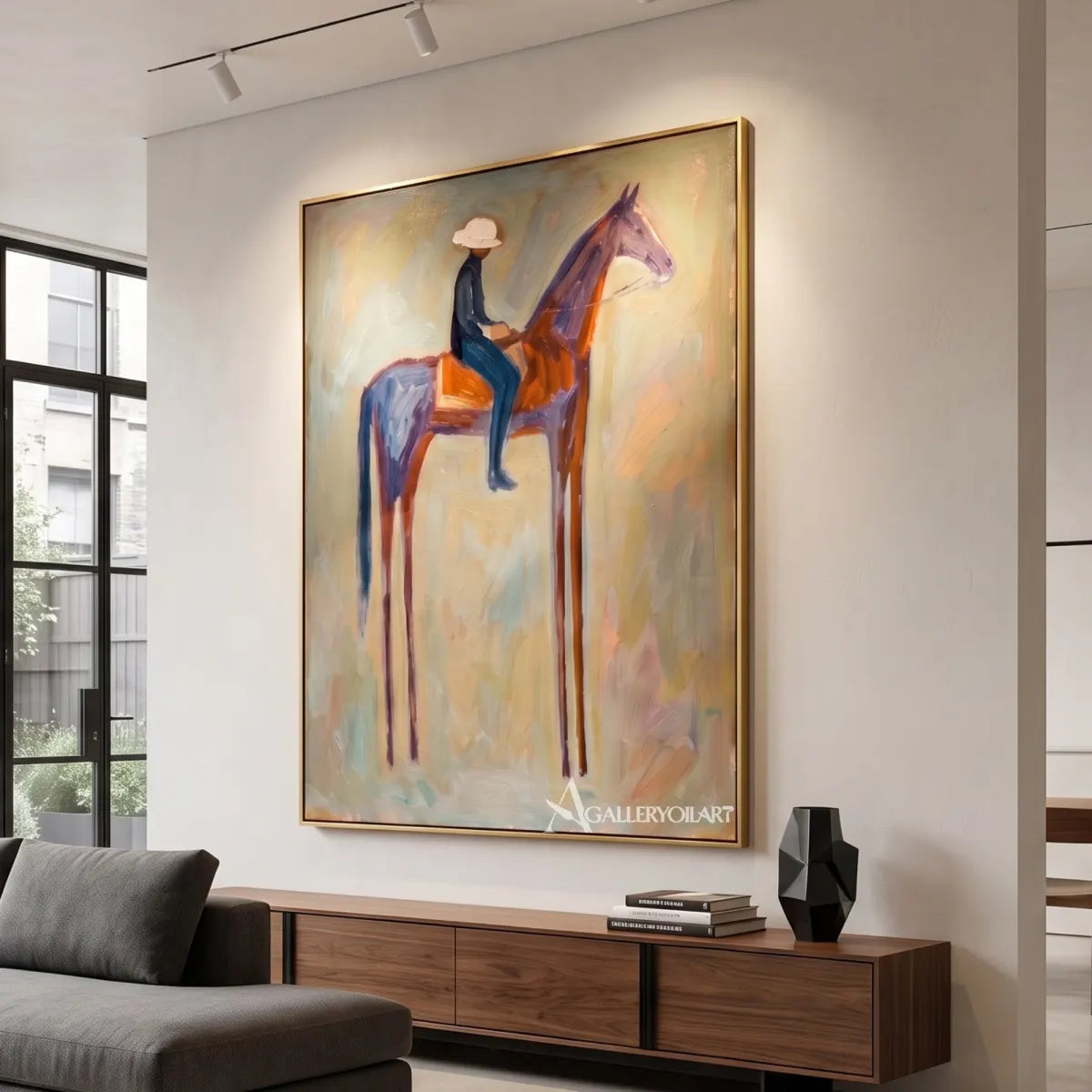 rider-on-horse-western-cowboy-beige-wall-art-in-a-minimalist-interior