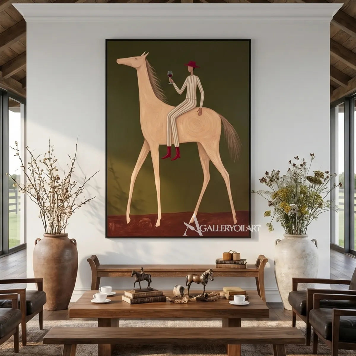 Western-cowboy-art-of-a-red-hatted-rider-raising-a-glass-on-a-pale-horse-against-an-olive-green-ground-above-a-dining-table