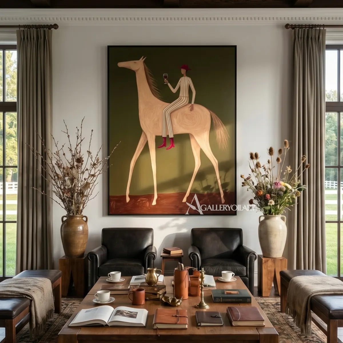 Western-cowboy-art-of-a-rider-toasting-on-a-cream-horse-against-an-olive-green-ground-in-a-dark-paneled-study