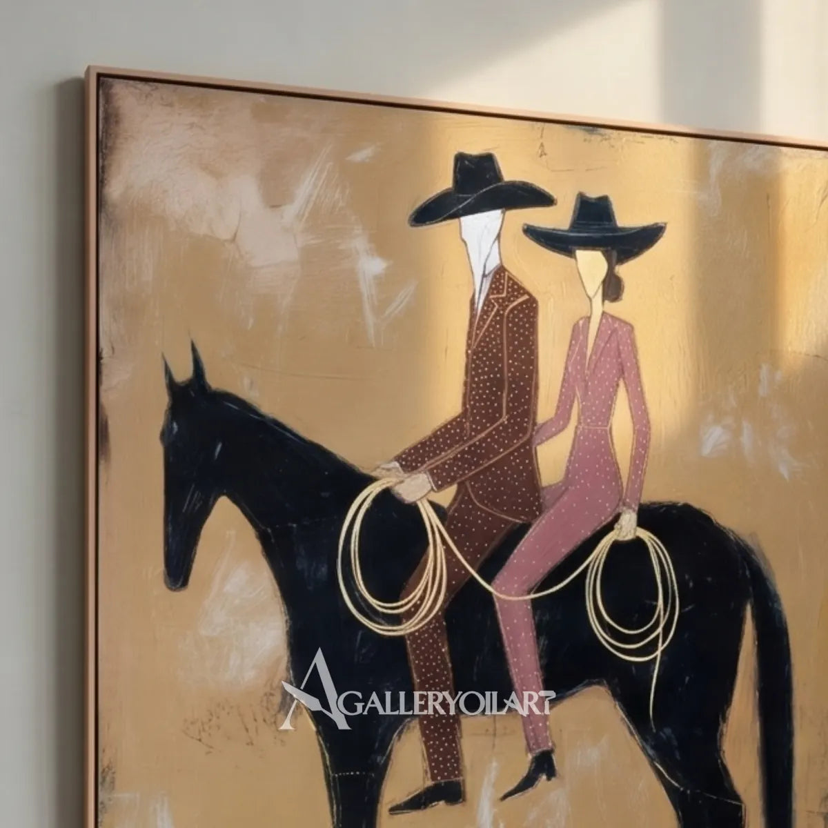 western-cowboy-art-close-up-of-two-hat-wearing-riders-on-a-black-horse-against-beige