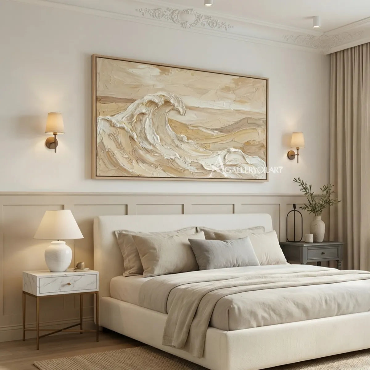 Rising-ocean-breaker-sea-beach-beige-wall-art-above-a-neutral-bed