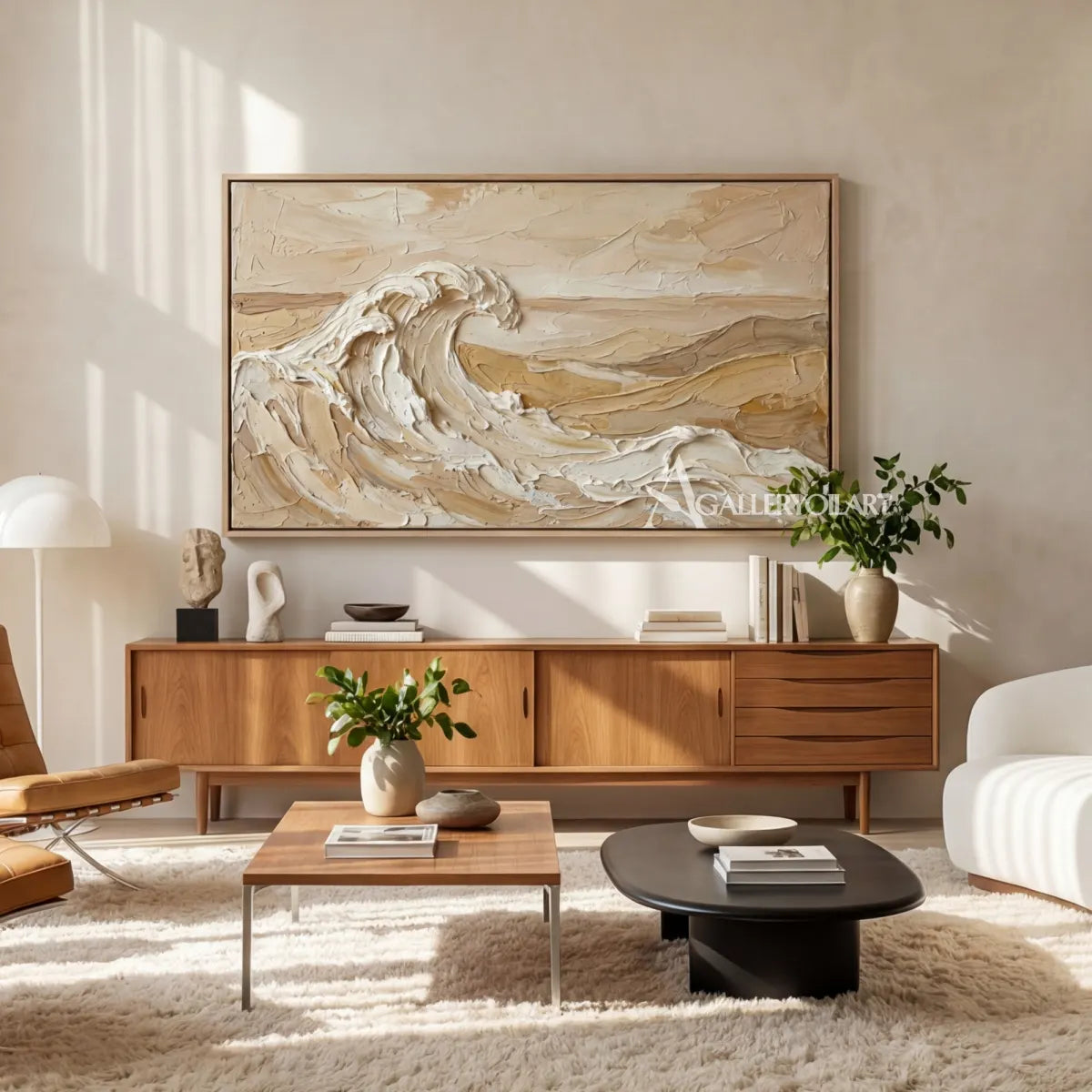 Rising-ocean-breaker-sea-beach-beige-wall-art-above-a-mid-century-console