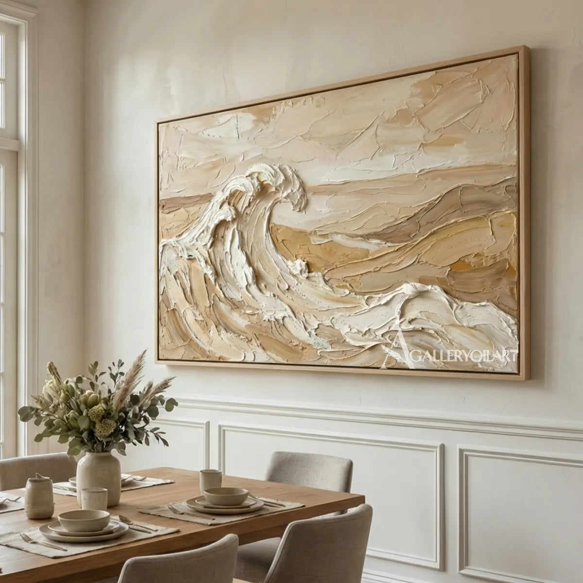 Rising-ocean-breaker-sea-beach-beige-wall-art-in-a-light-dining-room