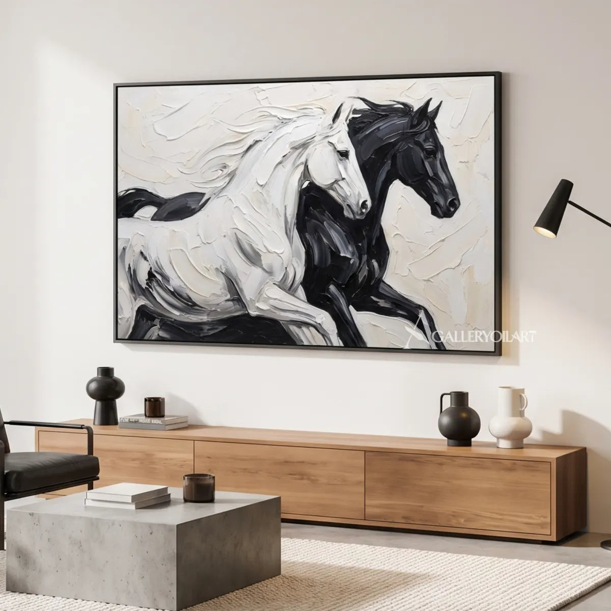 two spirited horses moving together through flowing brushwork-animal-black-double-height-living-room