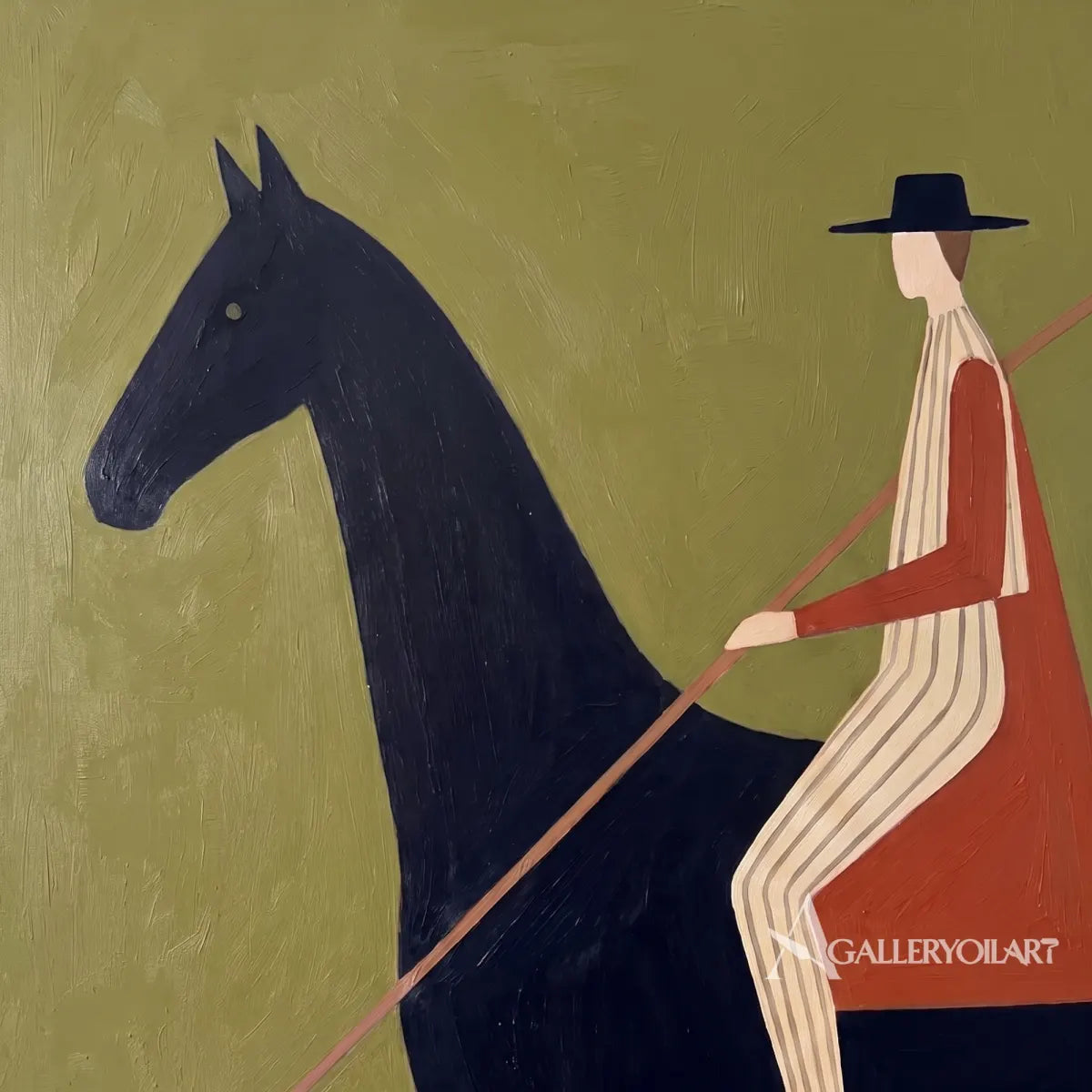 Western Cowboy rider in a red coat on a dark horse against a green ground-in-detail