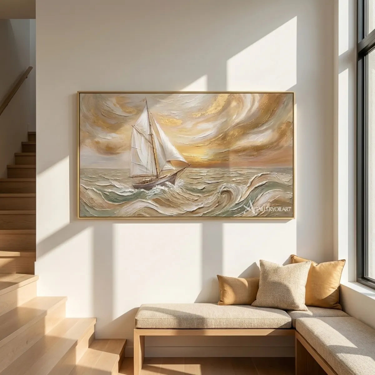Sea-Beach-Sailing-Crest-in-blue-and-cream-wall-art-in-a-gallery-wall