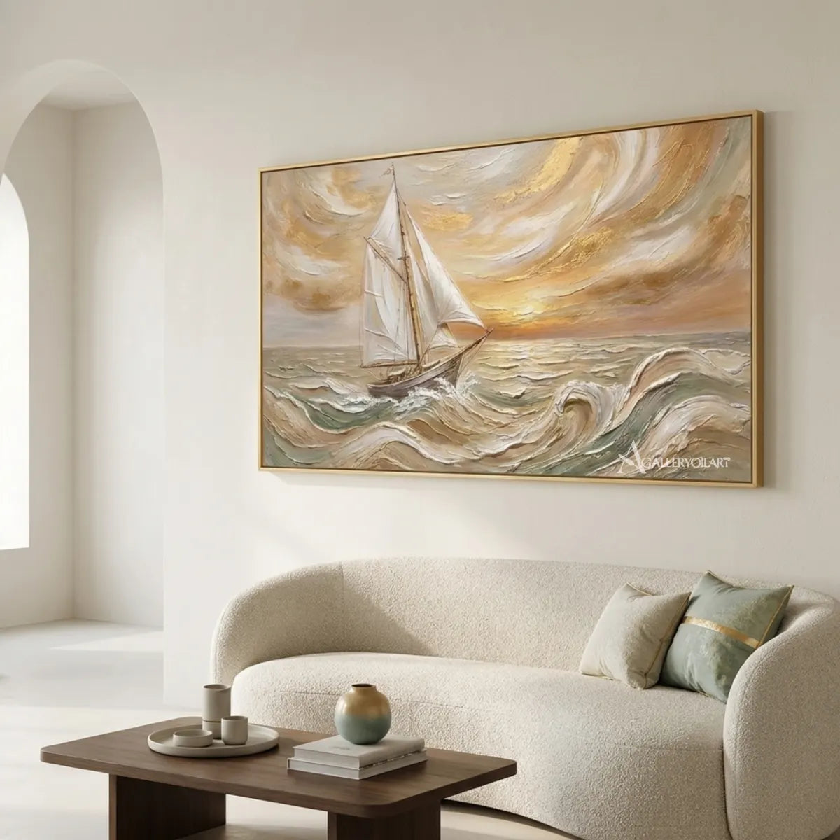 Sea-Beach-Sailing-Crest-in-blue-and-cream-wall-art-in-a-living-room-detail