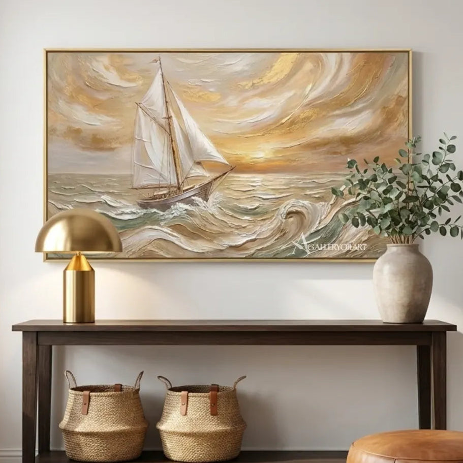 Sea-Beach-Sailing-Crest-in-blue-and-cream-wall-art-in-a-modern-entryway