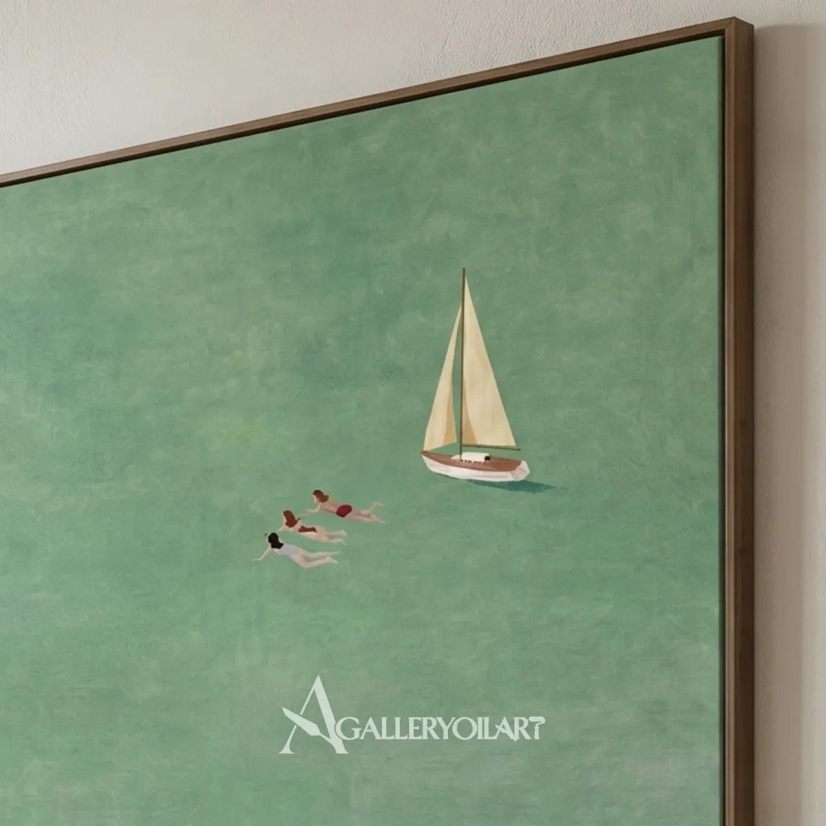 Sea-Beach-green-sailing-swimmers-wall-art-boat-detail
