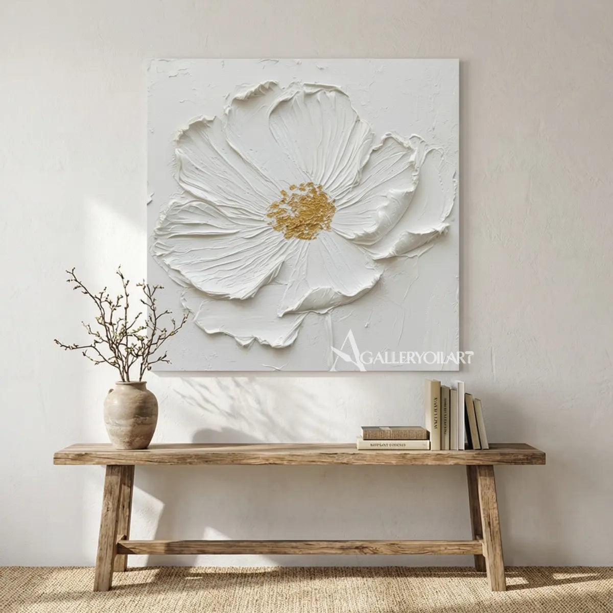 Sculpted-white-flower-floral-tree-relief-wall-art-over-a-console-table
