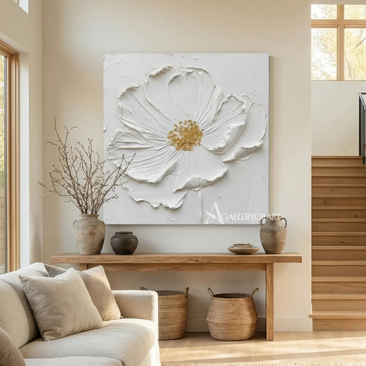 Sculpted-white-flower-floral-tree-relief-wall-art-in-a-warm-entryway