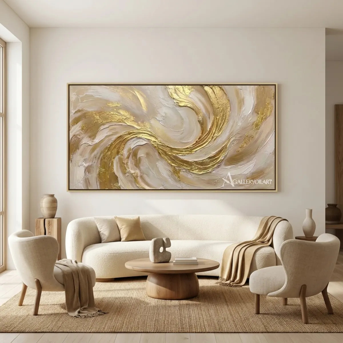 Textured-3D-sculpted-swirl-in-gold-and-cream-wall-art-in-a-gallery-interior