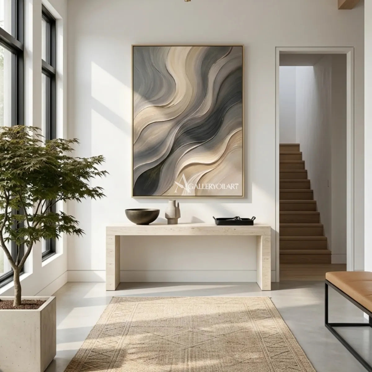 Textured 3D flowing raised wave ribbons in gray wall art in a dining room