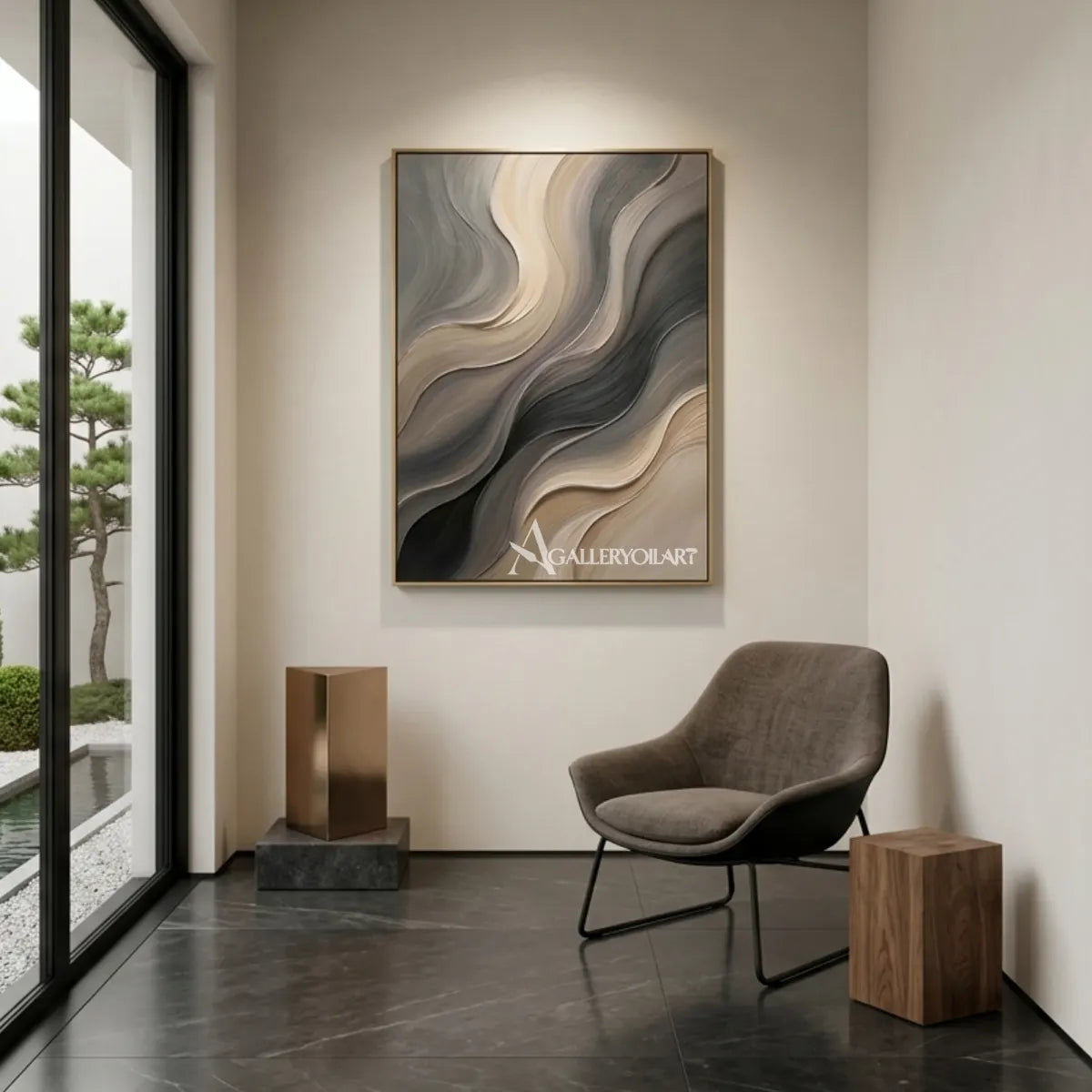 Textured 3D flowing raised wave ribbons in gray wall art in a entryway