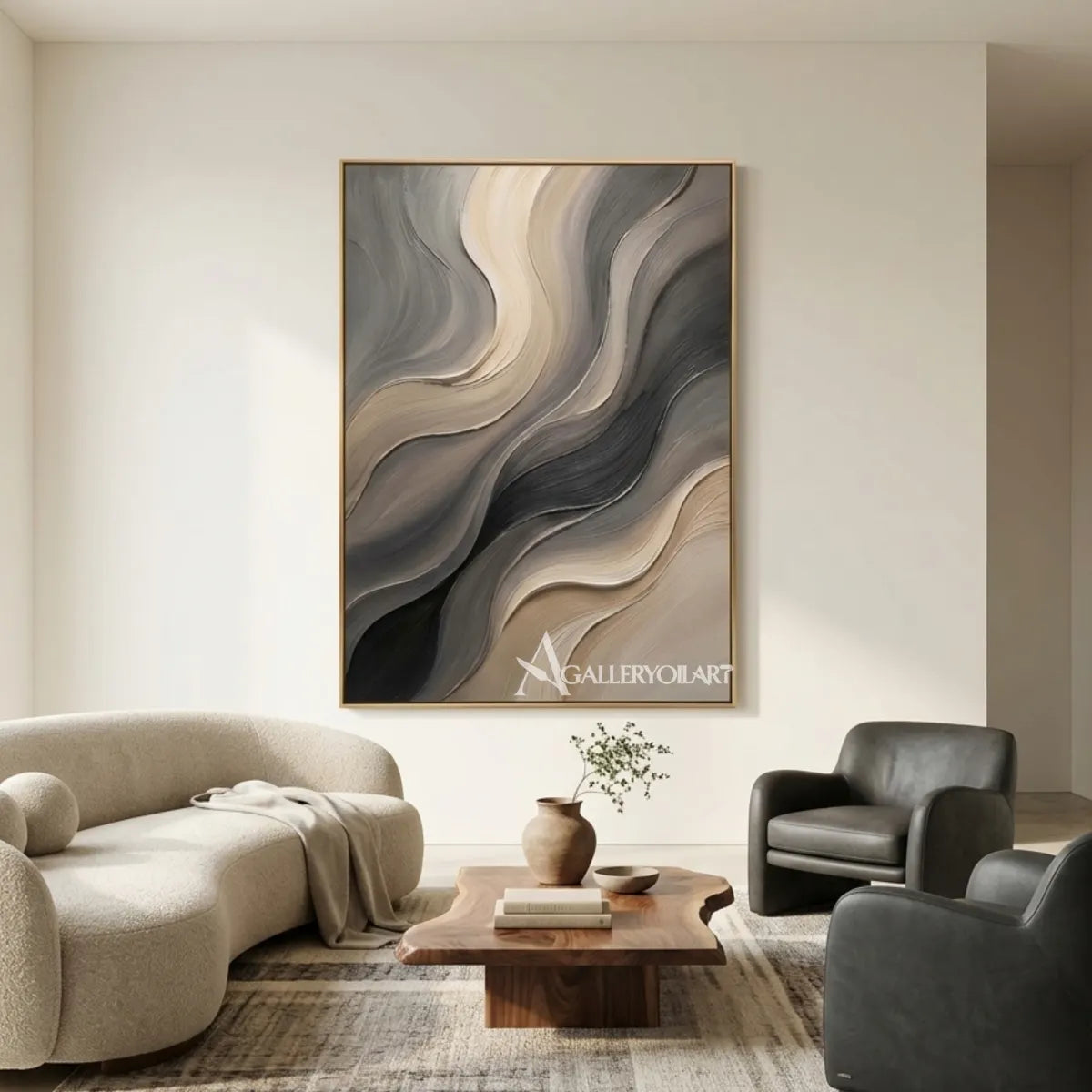 Textured 3D flowing raised wave ribbons in gray wall art in a fireplace room