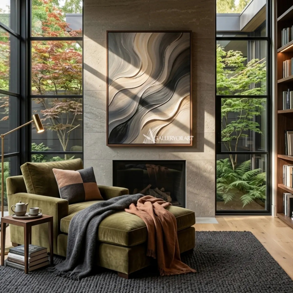 Textured 3D flowing raised wave ribbons in gray wall art in a sofa room