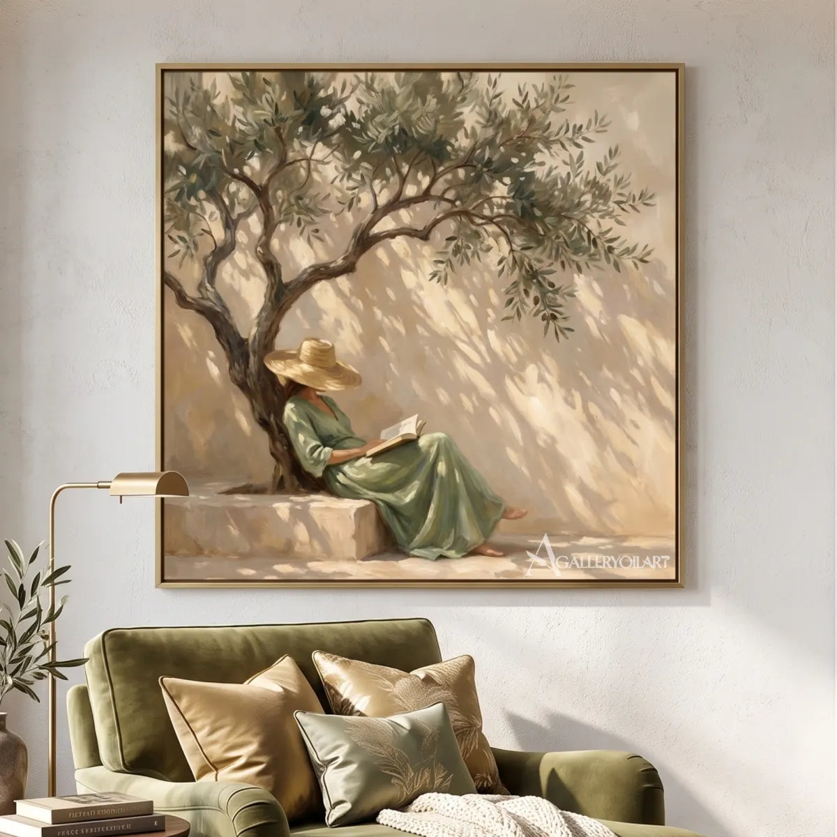 A woman reading under an olive tree in square Portrait Art above a green armchair, with beige and sage tones