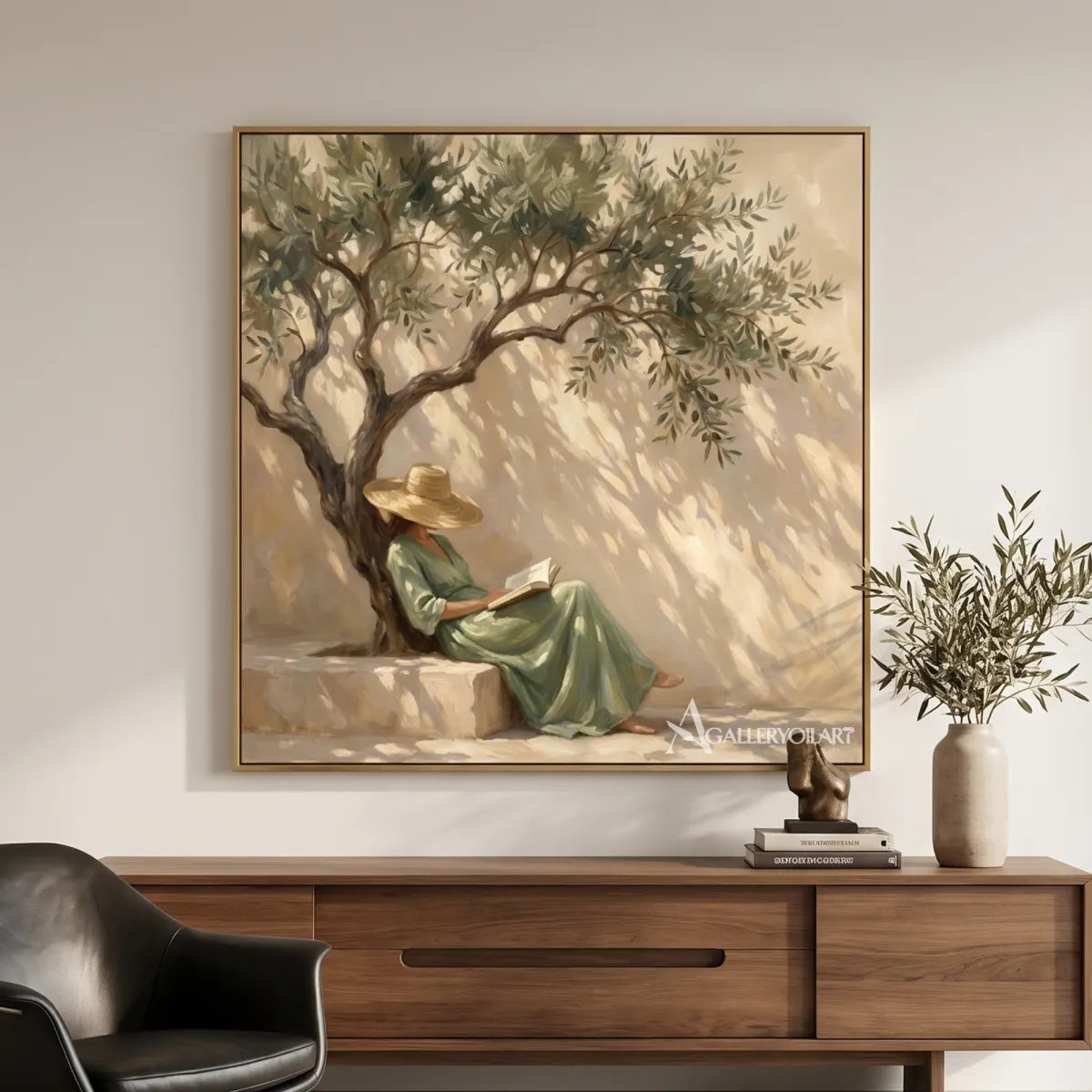 A close view of a woman reading beneath an olive tree in textured Portrait Art, with beige and sage tones
