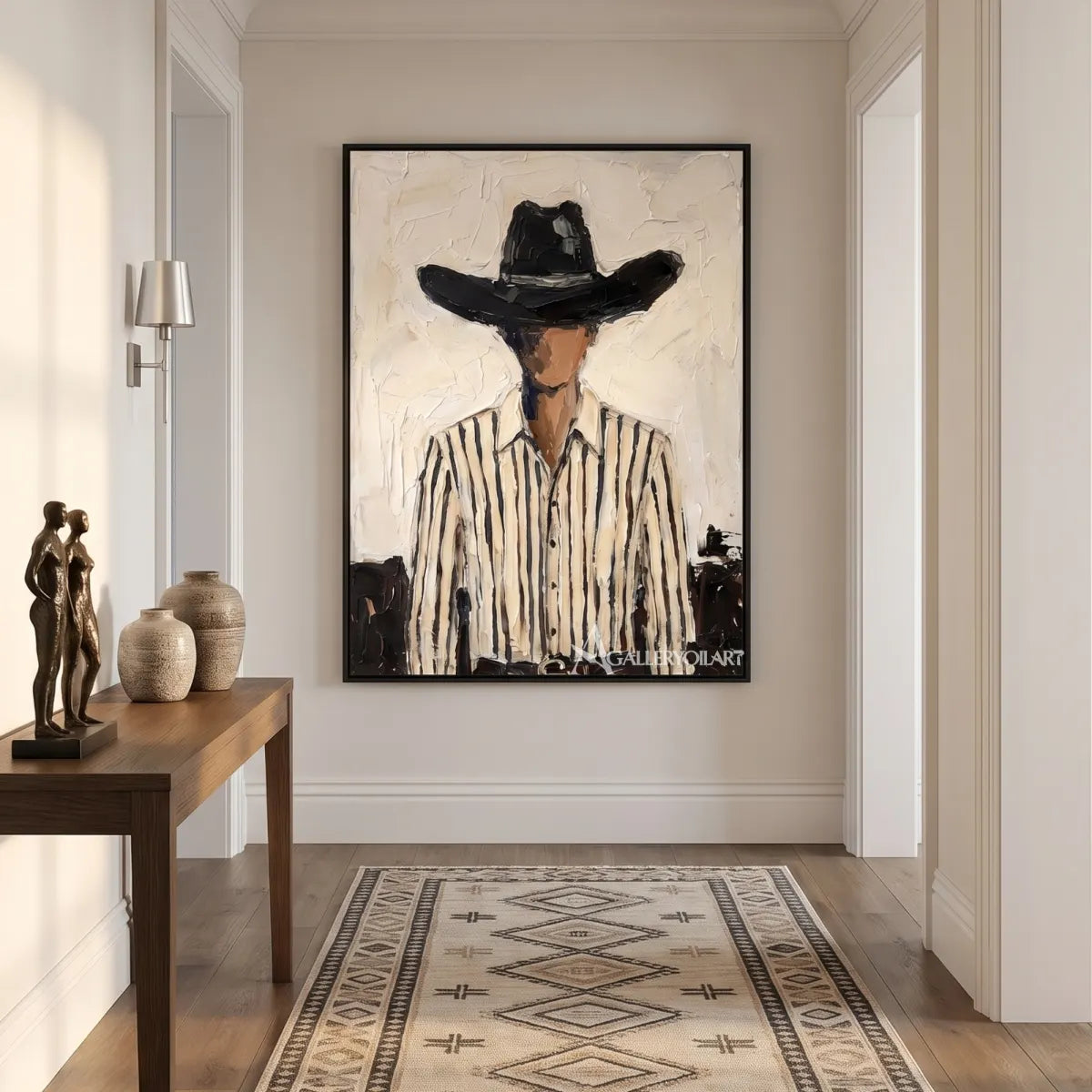 a shadowed cowboy in a black hat and striped shirt-in-western-cowboy-white-entryway