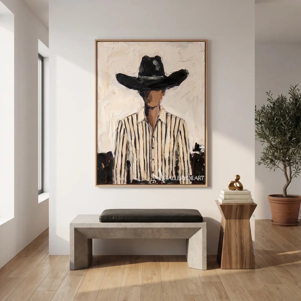 a shadowed cowboy in a black hat and striped shirt-in-western-cowboy-white-hallway