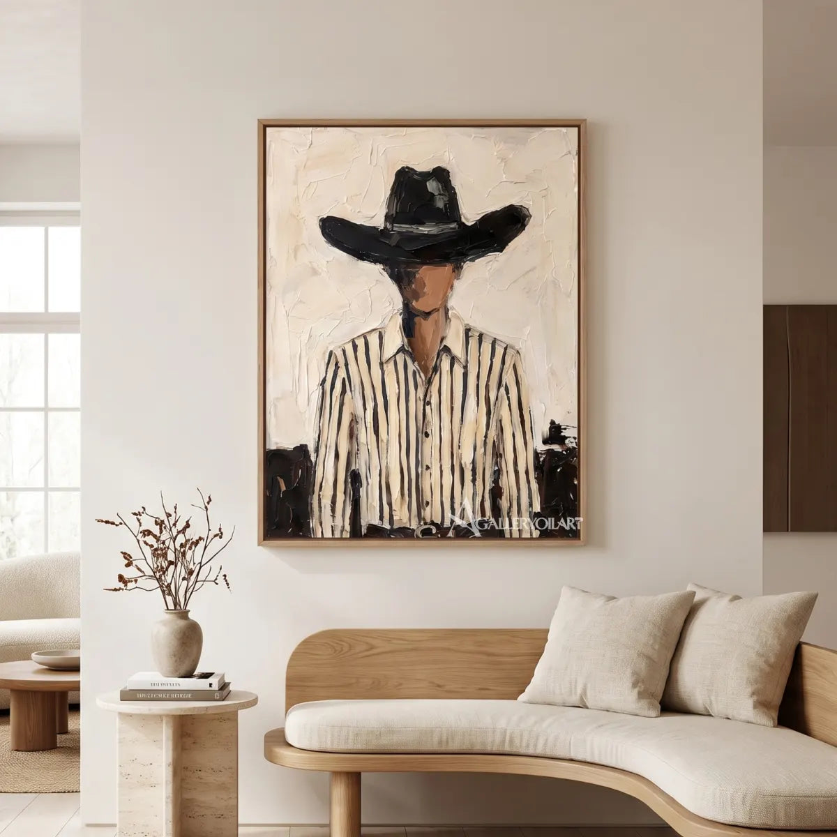 a shadowed cowboy in a black hat and striped shirt-in-western-cowboy-white-living-room