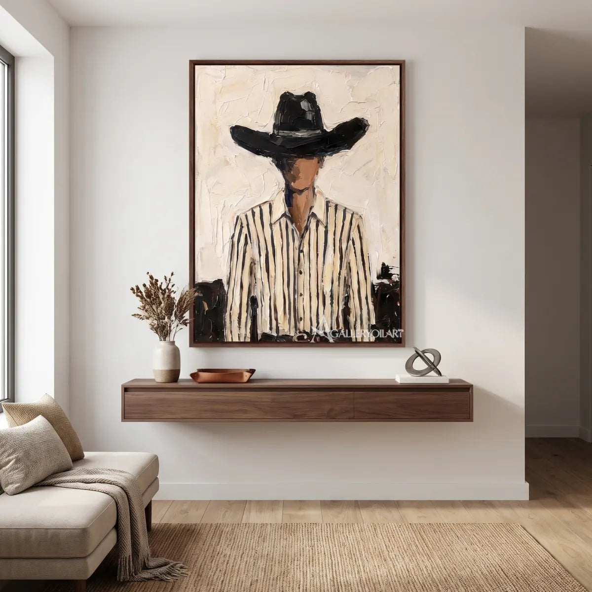 a shadowed cowboy in a black hat and striped shirt-in-western-cowboy-white-sofa-room