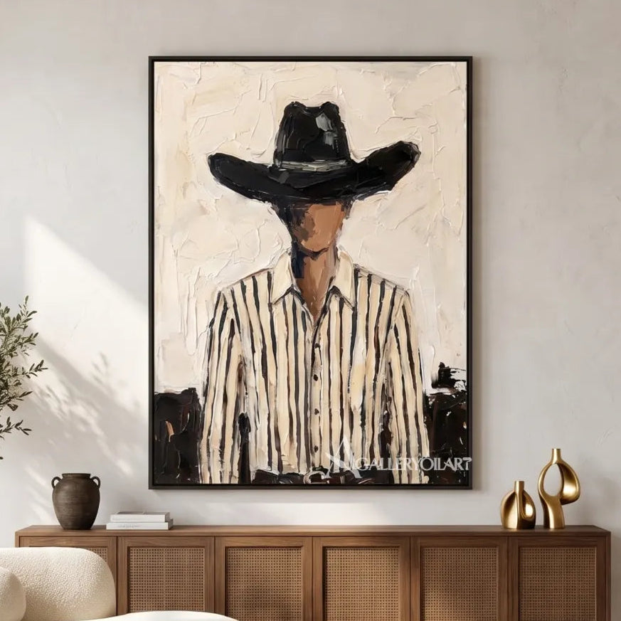 a shadowed cowboy in a black hat and striped shirt-in-western-cowboy-white-styled-interior