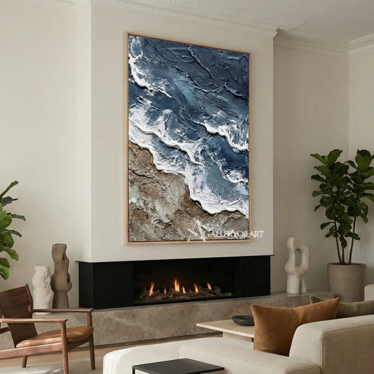 Dark-blue-shoreline-surge-sea-beach-art-above-a-modern-fireplace