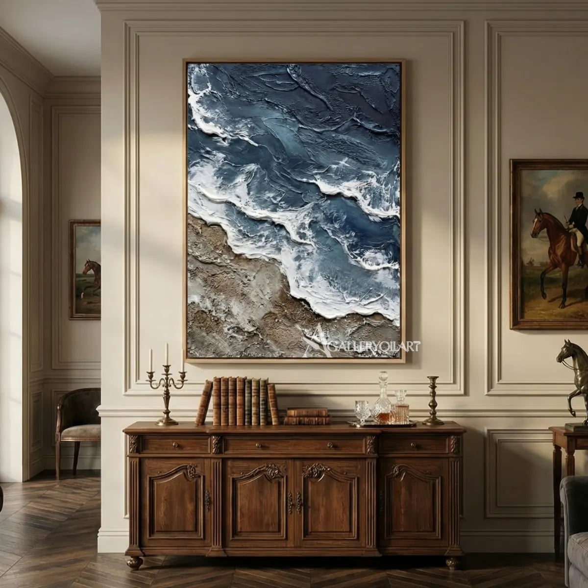 Dark-blue-shoreline-surge-sea-beach-art-above-a-traditional-wood-sideboard