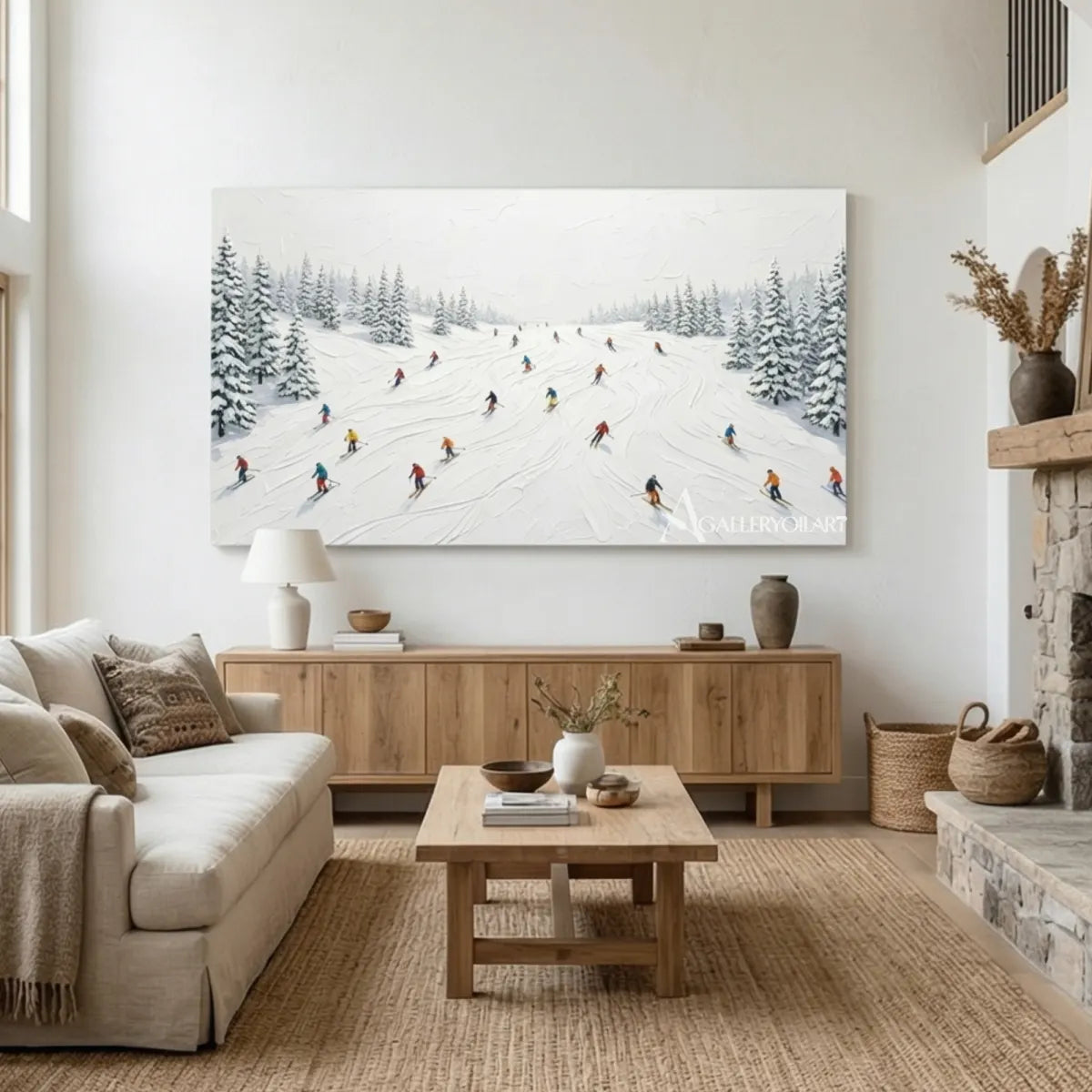 Snowy-ski-slope-landscape-white-and-gray-art-with-skiers-in-a-living-room