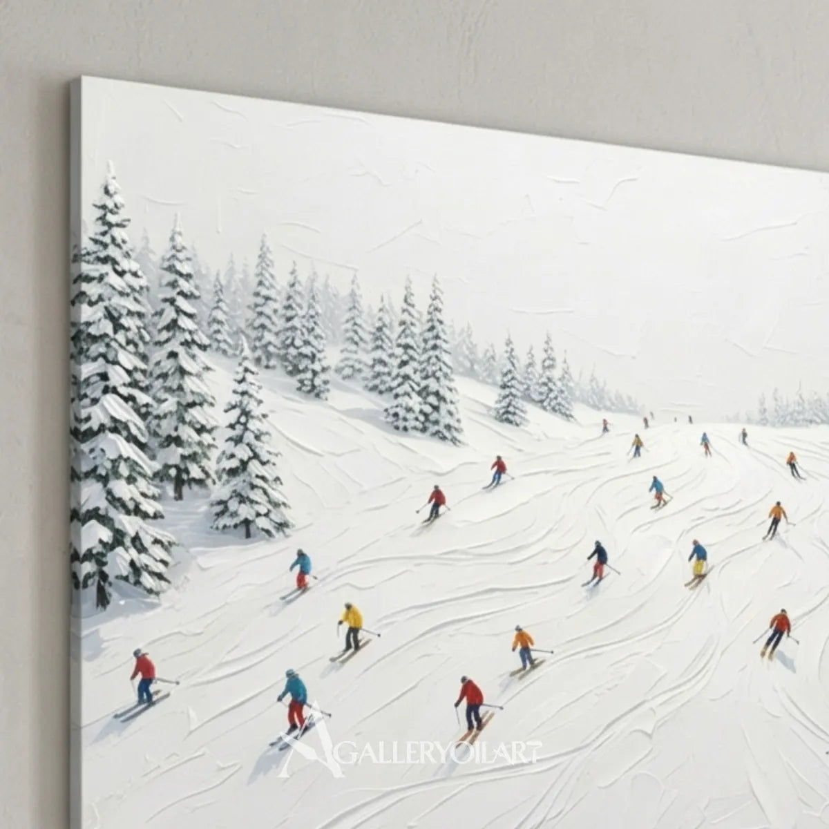 Snowy-ski-slope-landscape-white-and-gray-art-with-skiers-close-up