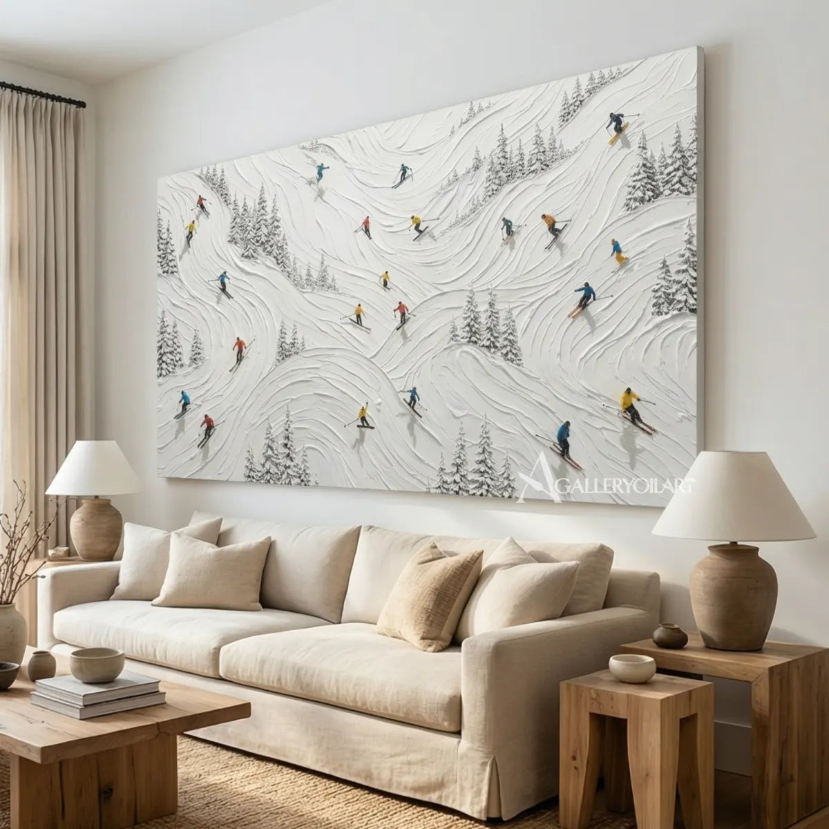 Textured-3D-skiers-on-a-snowy-mountain-displayed-in-a-bright-lounge