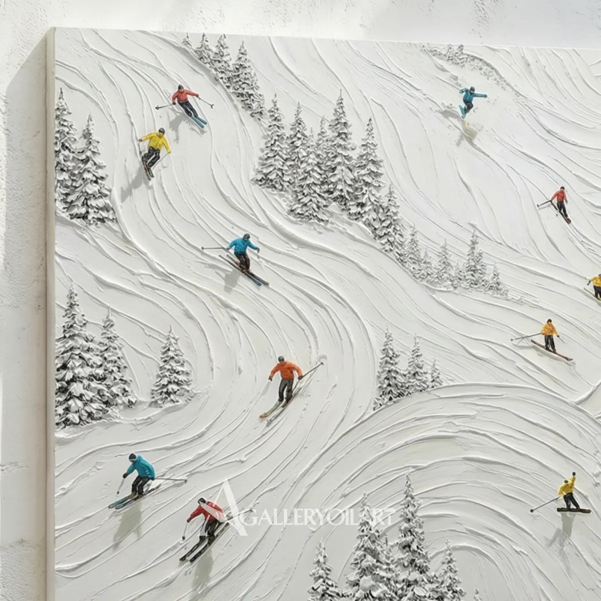 Close-up-of-textured-3D-art-showing-skiers-tracing-a-snow-covered-mountain-slope