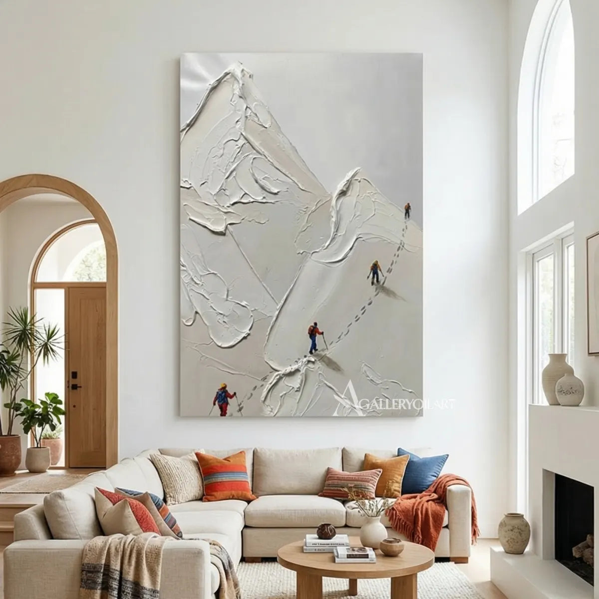 Textured-3D-art-of-skiers-climbing-a-white-mountain-displayed-in-a-living-room