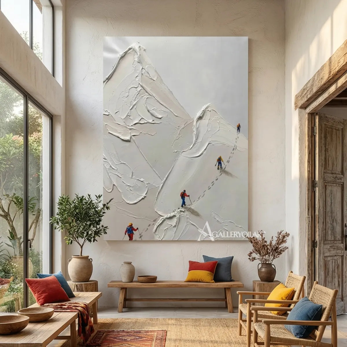 Textured-3D-white-mountain-art-with-skiers-in-a-sunlit-living-room