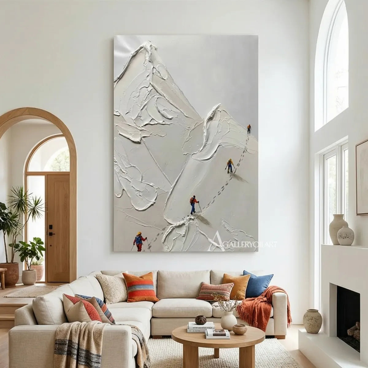 Textured-3D-mountain-art-with-colorful-skiers-displayed-over-a-sofa