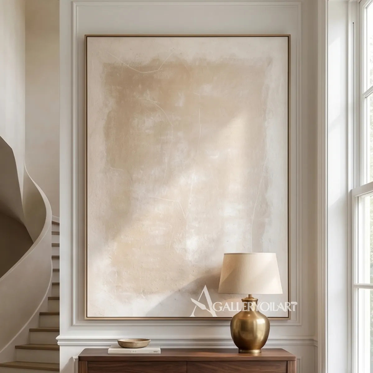 abstract-art-painting-of-a-layered-beige-field-with-faint-white-lines-in-a-hallway