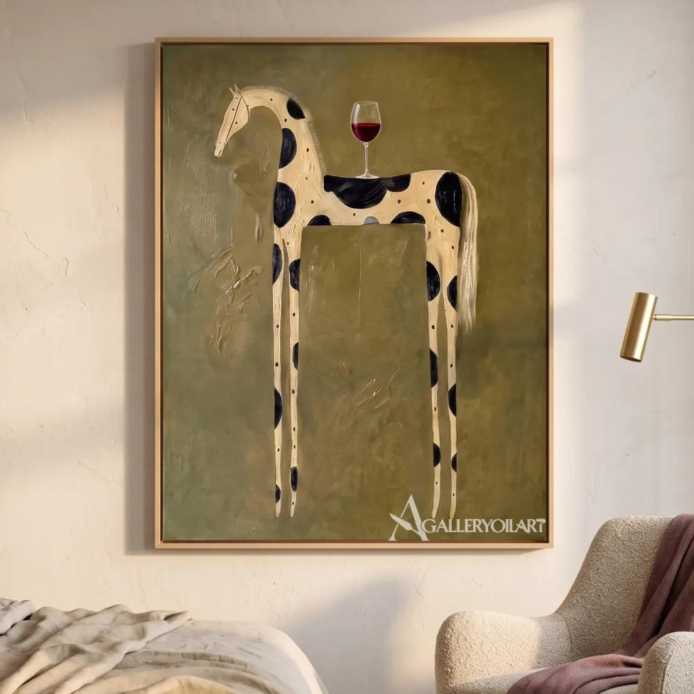 spotted horse with wine toast-animal-art-green-wall-art-in-bedroom-reading-corner